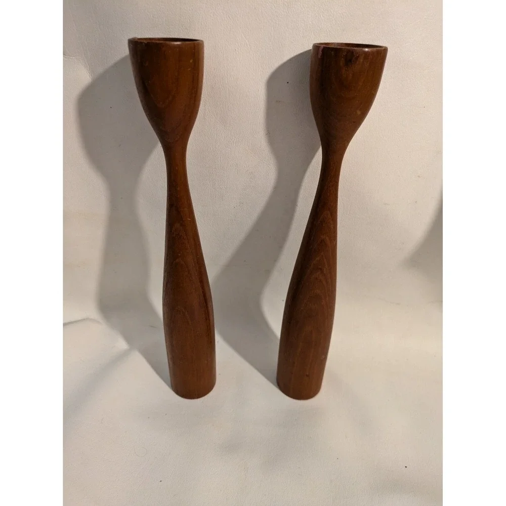 Vintage MCM 2 Teak Wood Tulip Candlestick Candle Holders Denmark 11.5 Inches